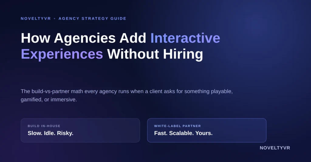 Illustration showing how marketing agencies add interactive experiences without hiring in-house developers, NoveltyVR agency strategy guide